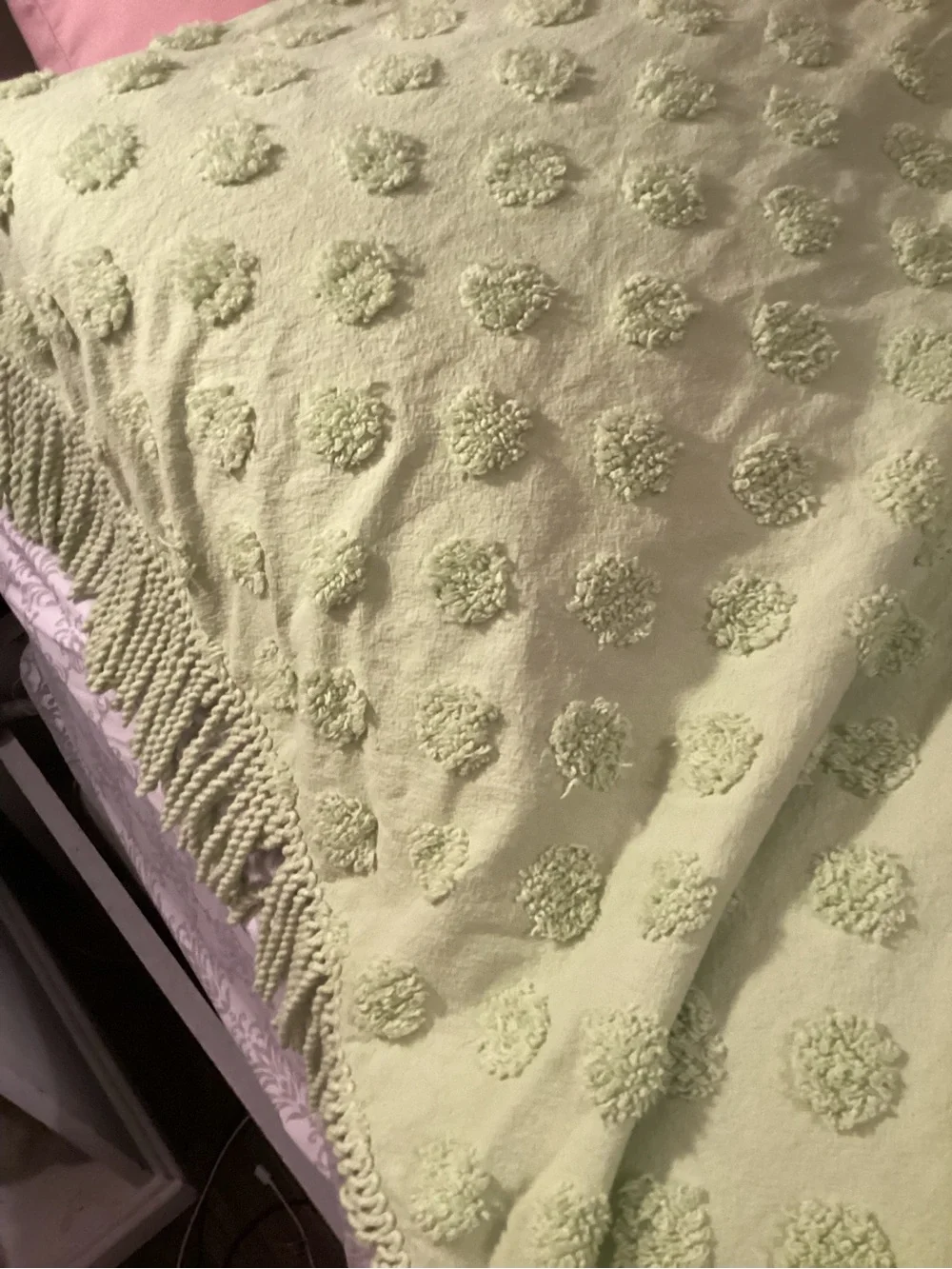 Vtg Sage Green Chenille Throw with Pom Dot Texture. Fringe edges.